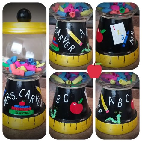 Diy Teacher Candy Jar, Teacher Appreciation Flower Pot, Homemade Teacher Gifts Diy, Teacher Flower Pot, Teacher Diy, Teacher Crafts, Handmade Teacher Gifts, Terra Cotta Pot Crafts Diy, Appreciation Gifts Diy