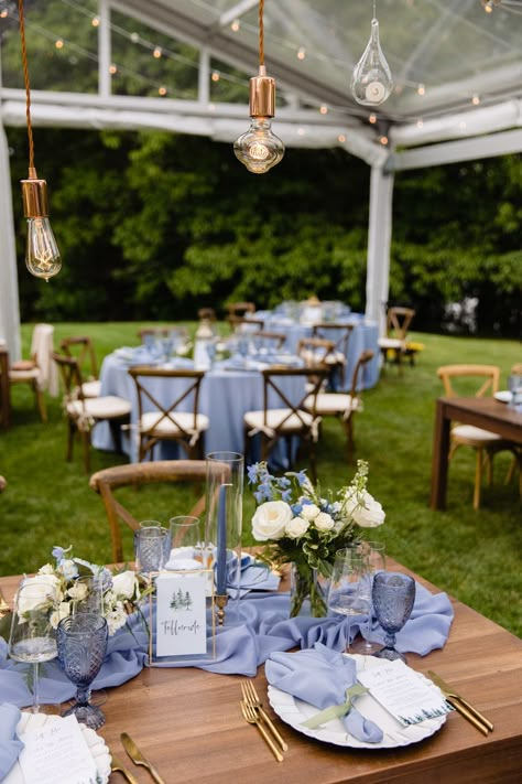 Rustic Wedding Blue, Outdoor Wedding Tables, Blue Table Settings, Tent Wedding Reception, Rustic Tables, Wedding Guest Table, Outdoor Scenery, Wedding Reception Table Decorations, Light Blue Wedding