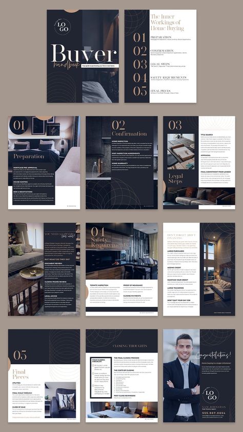 Financial Documents Design, Real Estate Proposal Template, Real Estate Agent Portfolio, Brokerage Office Design, Work Book Ideas, Buyer Presentation Real Estate, Sales Template Design, Buyer Guide Real Estate, Real Estate Sellers Guide