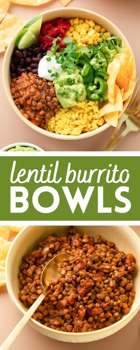 chipotle lentil burrito bowls with toppings Lentil Bowls Healthy, Easy Mexican Bowl, Lentil Burrito Recipes, Taco Bowls Healthy Vegetarian, Vegetarian Recipes Bowls, Quinoa Burrito Bowl, Lentil Burrito Bowl, Lentil Taco Bowl, Mexican Meal Prep Ideas