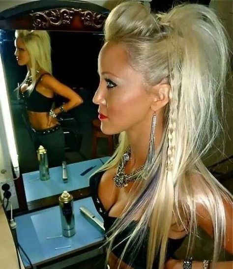 Hair Styles For Rock Concert, Trashy Hairstyles, Rocker Chic Hairstyle, Punk Rock Hairstyles For Women, Long Rocker Hair, Punk Hairstyles For Long Hair, Rocker Hairstyles, Motorcycle Hair, Faux Hawk Ponytail