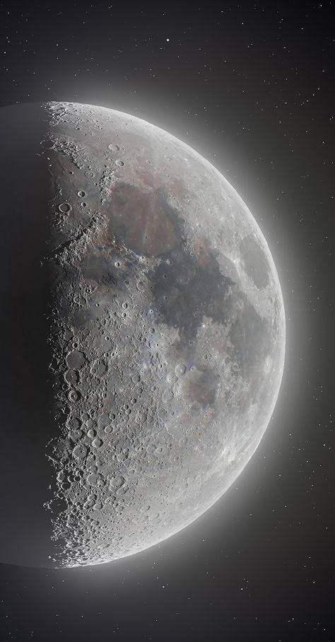 Moon in the first quarter phase l Andrew McCarthy Moon Phases Wallpaper Aesthetic, Selenophile Aesthetic Wallpaper, Cool Backrounds, Andrew Mccarthy, Quarter Moon, Iphone Wallpaper Landscape, Werewolf Art, Planets Art, Dark Nature Aesthetic