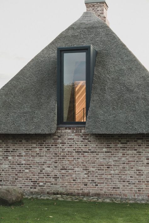 Thatch roof and glazed extension feature in rebuilt Nieby Crofters Cottage Roof Renovation, Built In Daybed, Sunken Patio, Brick Cottage, 2022 Picture, Timber Windows, Dormer Windows, Thatched Cottage, Brick Facade