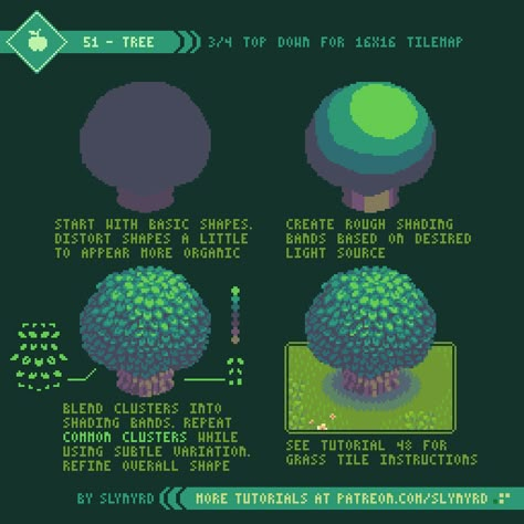 Tutorial - 51 - Tree | Slynyrd on Patreon Pixel Art Tips, Pixel Tutorial, How To Pixel Art, Pixel Art Reference, رسم كاريكاتير, Pixel Art Landscape, Kare Kare, Piskel Art, Pixel Animation