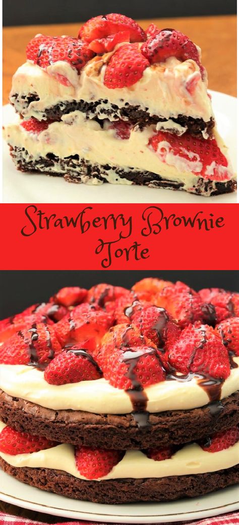 Brownie Torte, Strawberry Brownie, Decorated Brownies, Brownie Cake Recipe, Blackberry Dessert, Birthday Cake Brownies, Brownie Pudding, Strawberry Brownies, Strawberry Dessert Recipes