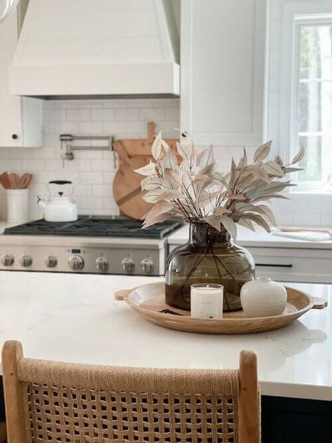 Fall Kitchen Island Decor Modern, Studio Mcgee Fall Decor, White Kitchen Island Decor, Fall Island Decor, Island Tray Decor, Fall Countertop Decor, Island Fall Decor, Island Centerpiece Ideas Kitchen, Studio Mcgee Fall