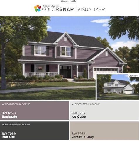 Purple Gray Exterior House Colors, Plum Siding House, Purple Ranch House Exterior, Purple Home Exterior Color Schemes, Purple Grey House Exterior, Exterior Purple Paint Colors For House, Purple Siding Exterior, Dark Purple Exterior House Colors, Purple Houses Exterior