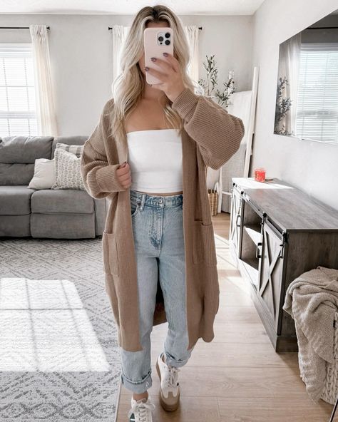 Swipe to shop all the cozy new arrivals🍁☕️🐻 now on www.shopwrenleighanns.com #sweaterweather #fallset #sweaterset #octoberoutfits #falloutfitideas Cardigan Hoodie Outfit, Long Tan Cardigan Outfit, Comfy Feminine Outfits, Khaki Cardigan Outfit, California Outfits Fall, Cute Cozy Fall Outfits, Mom Fashion 30 Year Old, Fall Basic Outfits, Yellow Cardigan Outfit