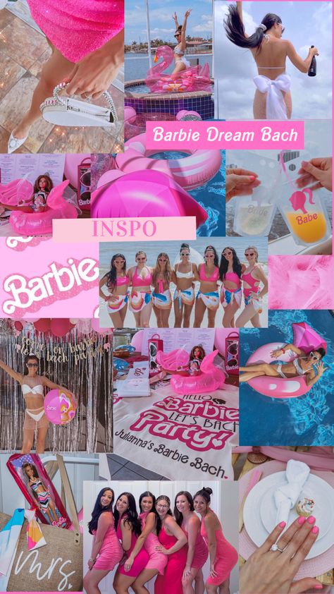 Barbie Rush Theme, Barbie Inspired Outfits Pool Party, Barbie Beach Bachelorette, Come On Barbie Let's Bach Party, Barbie Bachelorette Party Itinerary, Barbie College Party, Barbie Bachelorette Outfit, Barbie Bachelorette Aesthetic, Barbie Found Her Ken Bachelorette