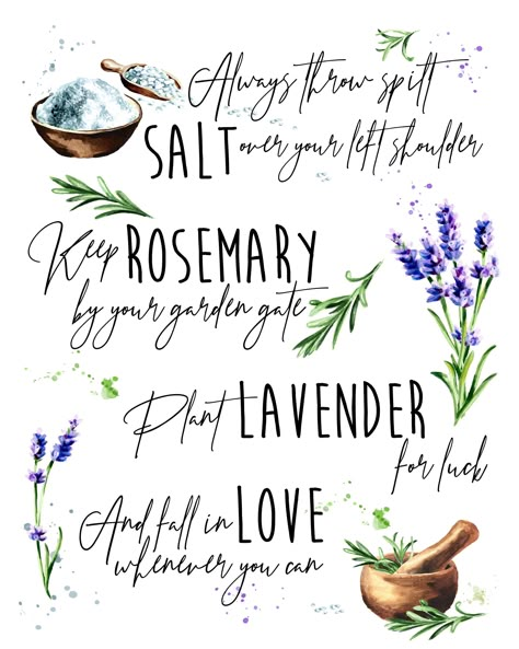 "Print of the quote from the movie Practical Magic: \"Always throw spilt salt over your left shoulder, keep rosemary by your garden gate, plant lavender for luck, and fall in love whenever you can.\" Print this perfect touch of magic for any room or space. Printable art is the easiest and fastest way to decorate your space. You can print it at home, at your favorite print shop. Your file will be available to download here: http://www.etsy.com/your/purchases as soon as you complete your purchase. For any other size formats please contact me and I will gladly help you:) Find more beautiful prints in my shop - https://www.etsy.com/shop/SplatMerchandise KINDLY NOTE: ● This listing is for a digital download. No physical product will be shipped and the frame is not included. ● Colors may vary sl Practical Magic Quotes, Practical Magic Movie, Plant Lavender, Practical Magic House, Salt Art, Magic Party, Magic Quotes, Practical Magic, Witchy Vibes