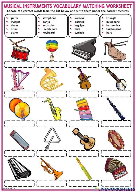 Musical instruments - vocabulary Music Vocabulary, Instruments Music, Vocabulary English, Music Instrument, French Class, Vocabulary Worksheets, Music Class, Grade 4, Second Language