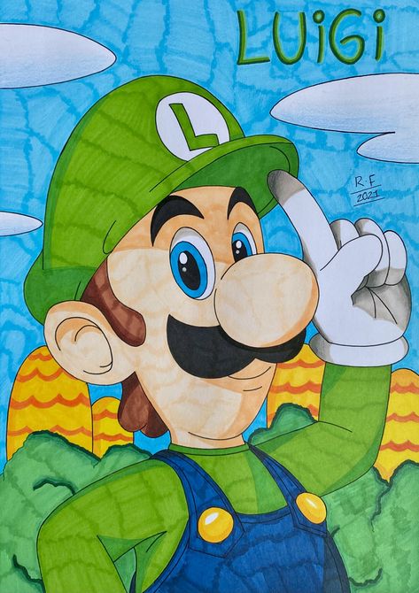 Super Mario Sketch, Mario And Luigi Drawing, Luigi Painting, Luigi Drawing, Carving Templates, Super Mario Kart, Sketch Cover, Mario Y Luigi, Disney Paintings