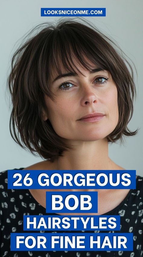 Fine hair can shine with the right bob! These 26 bob hairstyles are designed to add dimension, volume, and movement, giving your fine hair a fuller and more stylish look. #BobHairForFineHair #HairInspo #VolumeBoost Bob With Hoop Earrings, Haircuts For Fine Straight Hair With Bangs, Chin Length Hair Fine Straight, Short Hair With Bangs For Fine Hair, Bob Hairstyle With Side Bangs, Tousled Bob Fine Hair, Inverse Bob Haircut, Kristen Wig Short Hair, French Style Bob Haircut