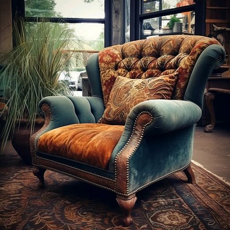 Dishfunctional Designs: Cozy, Comfy Neutral Boho Chairs Overstuffed Chairs Living Room, Western Living Room Furniture, Boho Chairs, 1950s Chair, Soft Soldering, Snuggle Chair, Eclectic Chairs, Western Living Room, Upcycled Garden