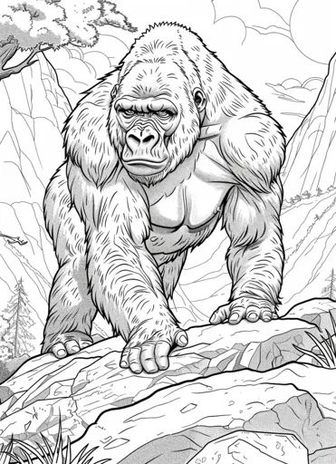 ↑↑↑ Larger size on website 🔸 A detailed line drawing of a large gorilla standing on a rocky mountainside. The gorilla is facing t 🔸 From Midjourney AI Image Gorilla Art Drawing, Gorilla Face Drawing, Gorilla Standing, Gorilla Drawing, Gorillas Art, Gorilla Tattoo, Mountain Gorilla, Black Comics, Mountain Ranges