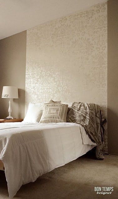 Metallic Stencil on Wall.   Love, love, love!  Great headboard idea. Wallpaper Headboard, Wall Accent, Wallpaper Bedroom, My New Room, Living Room Interior, Master Bath, Bedroom Makeover, Bedroom Wall, Interior Design Living Room