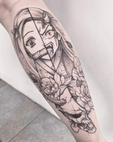 Demon Slayer Tattoo Nezuko, Demon Slayer Nezuko Tattoo, Nezuko Tattoo Ideas, Nezuko Tattoo Design, Demon Slayer Tattoos, Demon Slayer Tattoo Ideas, Hase Tattoos, Mitsuri Nezuko, Tattoos Black And White