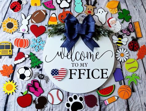 Office Door Wreath Cute Ideas, Door Hangers Interchangeable, Office Welcome Sign, Office Door Decor, Painted Wood Shapes, Interchangeable Wreath, Small Office Decor, Office Door Signs, Door Hanger Ideas