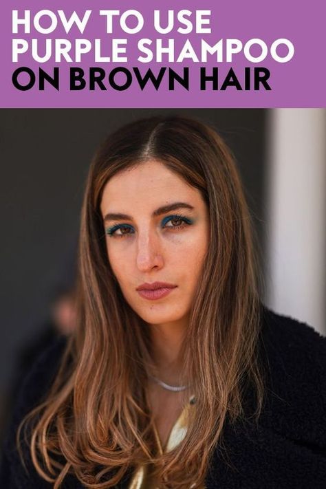 It turns out that brunettes can also benefit from using purple shampoo. Even if you have subtle highlights in your brown hair, purple shampoo can help brassiness. #hairtips #hairinspiration How To Get Brassy Out Of Brown Hair, Brown Hair No Red Tones, Purple Shampoo On Brown Hair, Brassy Brown Hair, Brown Hair Tips, Natural Auburn Hair, Red Shampoo, Purple Brown Hair, Grey Brown Hair