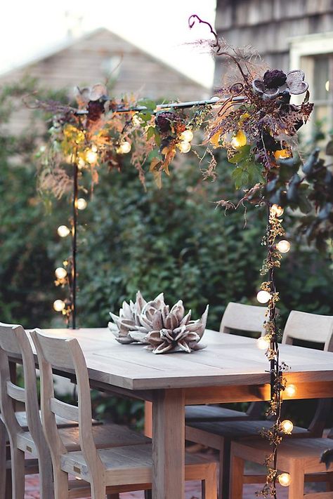 Over-the-Table Iron Rod | Terrain Spring Mantle Decor, Spring Mantle, Outdoor Dinner Parties, Spring Decor Diy, Vintage Spring, String Lights Outdoor, Outdoor Party, Nature Decor, Outdoor Tables