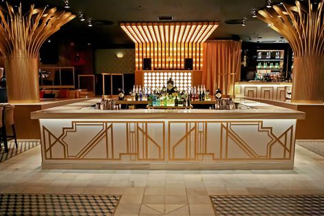 marquee lights, under bar linear, gold accents, uplight, track head style monopoints, restaurant, bar lighting Great Gatsby Interior Design, Gatsby Interior Design, Gatsby Bar, Bars Restaurant, Gatsby House, Theatre Inspiration, Basement Inspiration, Art Deco Bar, Gatsby Theme