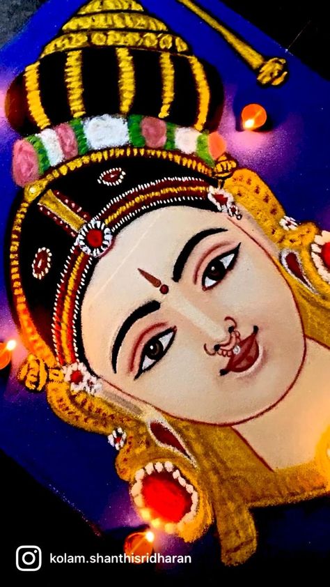 Andal Portrait Rangoli | Portrait painting, Portrait drawing, Indian art Goddess Lakshmi Rangoli Designs, Lakshmi Rangoli Designs, Goddess Rangoli, Lakshmi Drawing, Portrait Rangoli, Blouse Painting, Buddha Wallpapers, Poster Rangoli, Buddhist Art Drawing