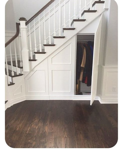 Understairs Cupboard Panelling, Hallway Closet Under Stairs, Hidden Closet Under Stairs, Closet Below Stairs, Under Stairs Storage Door, Wainscoting Under Stairs, Panelled Under Stairs Storage, Under Stair Cupboards, Under Stairs Entryway