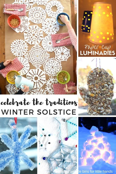 Beautiful and simple winter solstice activities for kids including snowflakes, luminaries, and outdoor decorations and treats for animals Solstice Activities For Kids, Winter Solstice Crafts, Winter Solstice Activities, Solstice Activities, Solstice Crafts, Solstice Traditions, Winter Solstice Party, Winter Solstice Traditions, Solstice Art