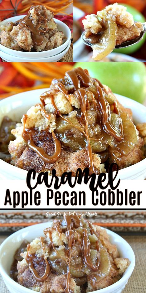 This Caramel Apple Pecan Cobbler is loaded with tender green apples, caramel, pecans and drizzled with caramel. #caramelapples #appledesserts #dessertfoodrecipes #yummy #greatgrubdelicioustreats Caramel Cobbler, Apple Pecan Cobbler, Caramel Pecans, Pecan Cobbler, Apple Dessert Recipes, Green Apples, Oreo Dessert, S'mores, Cobbler Recipes