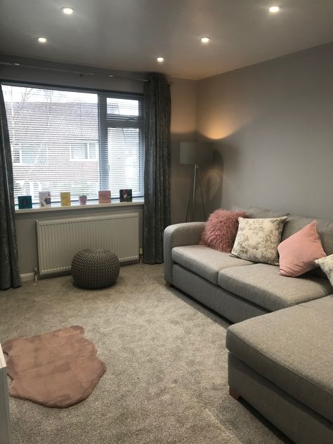 Blush and grey living room Blush And Grey Living Room, Pink And Grey Living Room, Basement Room, Grey Living Room, Blush And Grey, Living Room Inspo, Living Room Grey, Front Room, Room Inspo