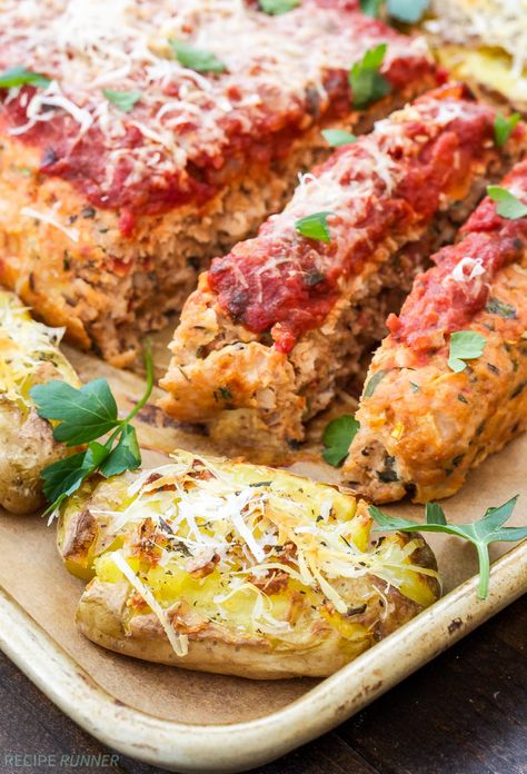 Italian Turkey Meatloaf with Parmesan Rosemary Smashed Potatoes Fancy Meatloaf, Italian Turkey Meatloaf, Meat Loaves, Turkey Meatloaf Recipe, Turkey Meals, Italian Meatloaf, Runners Food, Meatloaf Dinner, Smashed Potatoes Recipe