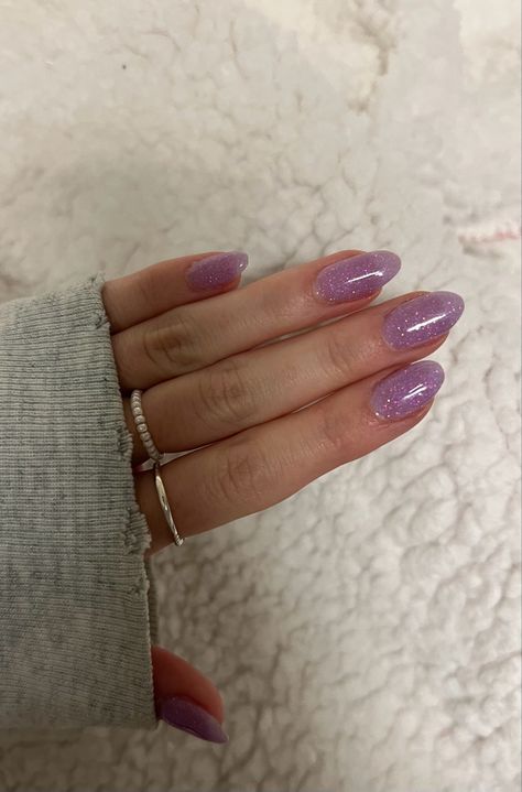 Purple Shimmer Nails Acrylic, White And Purple Sparkle Nails, Purple Nails Shiny, Nails For A Light Purple Dress, Pink Purple Sparkle Nails, Sparky Purple Nails, Light Purple Glittery Nails, Purple Sparkle Almond Nails, Sparkly Purple Almond Nails