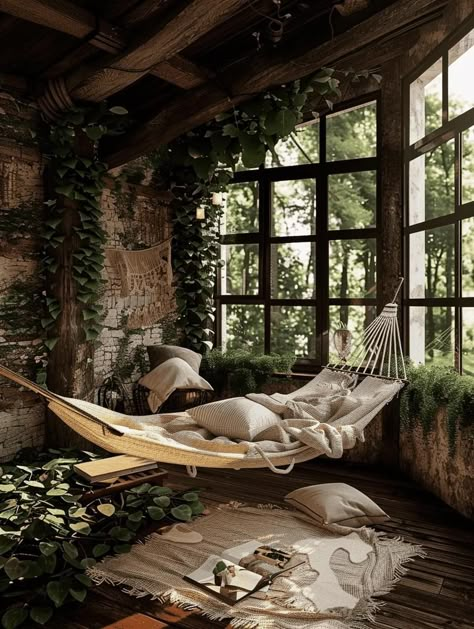 Bedroom Ideas With Hammock, Hammock In Living Room, Homes In Nature, Treehouse Room, Dressing Table Design, Dream Life House, Fantasy House, Dream Room Inspiration, Bedroom Layouts