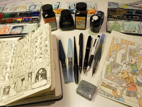 Interview: Illustrator Mattias Adolfsson Discusses His Award-Winning “The Second In Line” | Hi-Fructose Magazine Moleskine Sketchbook, Moleskine Art, Artist Journal, Sketchbook Drawings, Arte Sketchbook, Sketchbook Journaling, Sketchbook Inspiration, Urban Sketching, Art Journal Inspiration