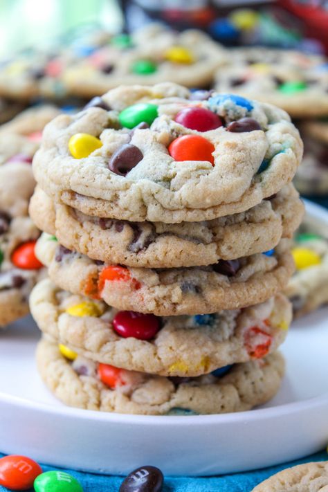 Soft & Chewy M&M Cookies | Baking You Happier Cookies Soft And Chewy, M&m's Chocolate, Cookies Soft, M M Cookies, Cookies Baking, The Bakery, Soft Cookie, Vegetarian Chocolate, Baking Sheet