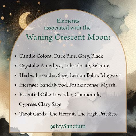 🌘✨ Enhance Your Waning Crescent Moon Rituals with These Elements ✨🌘 These elements align with the Waning Crescent Moon's themes of introspection, healing, divination, and preparation for the new beginnings of the New Moon. Use them to deepen your rituals and connect with the energies of this phase: 🕯️ Candle Colors: Dark Blue for deep introspection and calming the mind, Grey for spiritual reflection and to neutralize and balance energies, Black for protection as you transition into the New ... Waning Moon Magic, Waning Crescent Moon Ritual, Spiritual Offerings, Moon 2024, Hearth Witch, Waning Crescent Moon, Witchy Journal, Waxing Crescent Moon, Candle Colors