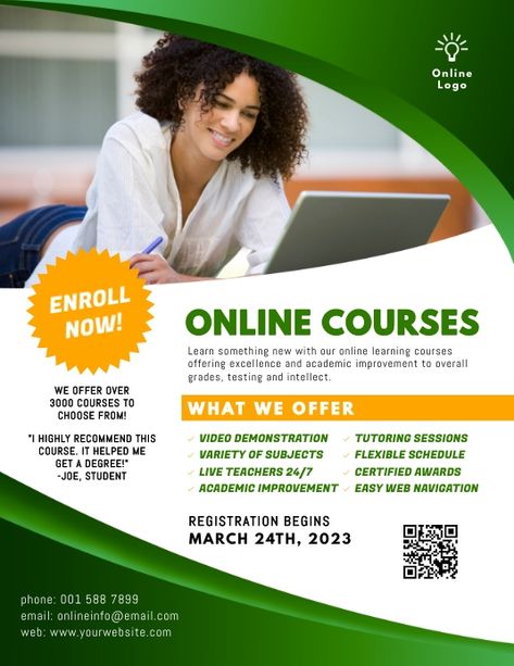 Online Course Template, Course Flyer, Good Cv, Online High School, Class Poster, School Flyer, Free Online Classes, Graphic Design Course, Free Flyer Templates