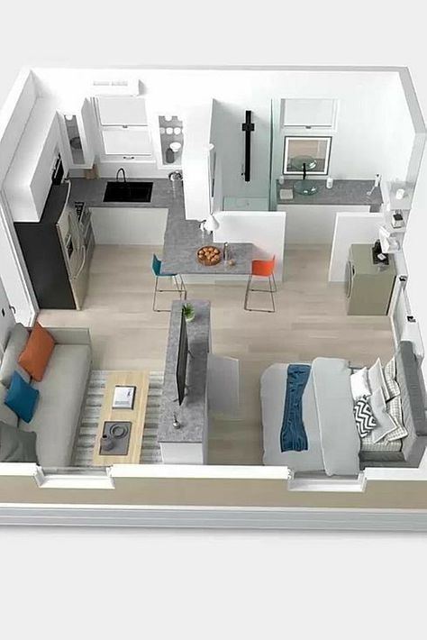 Small Apartment Plans, Studio Apartment Floor Plans, Apartemen Studio, Studio Apartment Living, Granny Flats, 3d Floor Plan, Small Apartment Interior, Accessory Dwelling Unit, Small Apartment Design