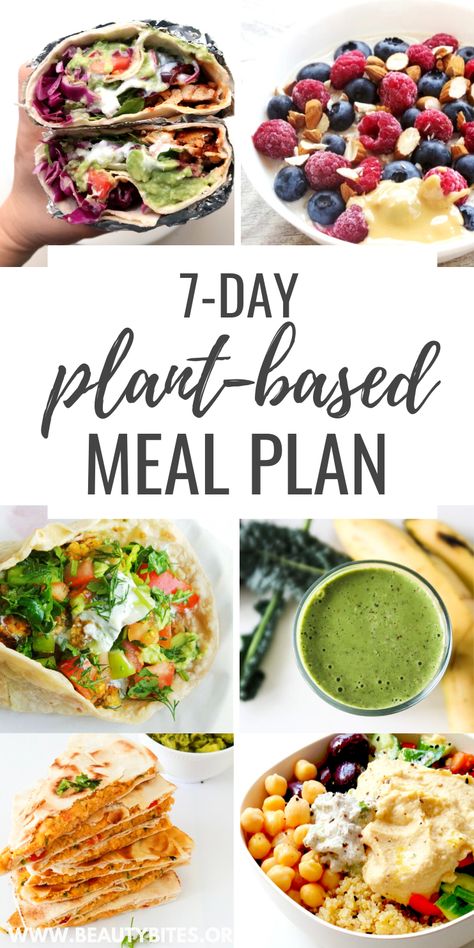 7-Day Vegan Meal Plan & Challenge - Beauty Bites 1200 Calorie Diet Meal Plans, Tacos Vegan, Plant Based Diet Meals, Vegan Meal Plan, Plant Based Diet Meal Plan, Vegan Grocery List, Plant Based Meal Planning, Vegetarian Meal Plan, Sample Meal Plan