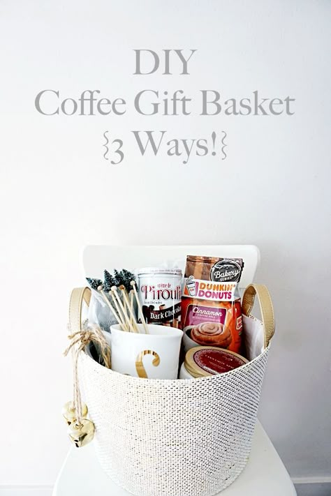 Gift Baskets are some of my favorite to throw together! They're fun, easy, & thoughtful! Today I'm sharing 3 different combinations of a coffee gift basket for everyone from your best friend, your childs teacher, to your UPS man..(we all know they deserve a little something extra this time of year!) Coffee Gift Basket Ideas For Men, Diy Coffee Gift Basket, Engagement Gift Baskets, Coffee Basket, Coffee Gift Basket, Teacher Gift Baskets, Coffee Diy, Basket Gifts, Gift Baskets For Men