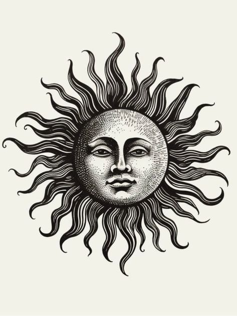 Sun Ink Drawing, Black Out Tattoo Sun, Creepy Sun, Tattoo Sol E Lua, Sun Engraving, Medieval Sun, Art Soleil, Traditional Tattoo Flash Art, Mantra Tattoo