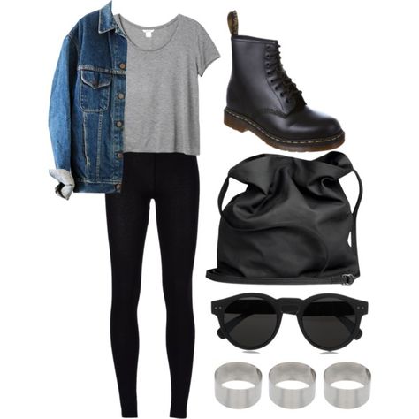 90s Grunge inspired outfit perfect for #AW14 - denim jacket, grey tee, leggings, boots and wayfarers - you could also throw over a plaid shirt under the denim jacket if it is chilly...x Doc Martens Outfit, Look Grunge, Looks Black, Fashion Mode, Doc Martens, Looks Style, Mode Inspiration, Audrey Hepburn, Grunge Fashion