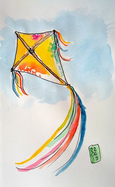 Kite Drawing Sketch, Kite Sketch, Flying A Kite, Water Colours, Kites, Book Art Drawings, Work Ideas, Drawing Sketches, Book Art