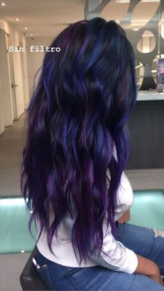 Blue And Purple Bayalage Hair, Hair Colors That Fade Pretty, Plum And Blue Hair, Dark Blue With Purple Hair, Cool Colored Brown Hair, Mohawk Color Ideas For Women, Dimension In Hair, Fun Black Hair Color Ideas, Dark Brown Hair With Colored Ends