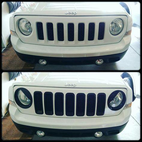 2015 Jeep Patriot with black angry eyes headlight covers & black grille inserts. Before & After White Jeep Patriot, Jeep Patriot Accessories, Angry Eyes, 2014 Jeep Wrangler, Grille Inserts, 2015 Jeep, Jeep Rubicon, Jeep Lover, Headlight Covers