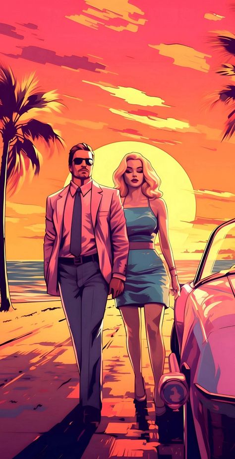 Gta Wallpapers, Vice Aesthetic, Art Ideas Anime, Grand Theft Auto Artwork, Beach Silhouette, Sunrise Ocean, Silhouette Sunset, Couple Summer, Blonde Pink