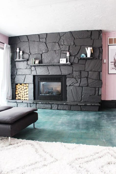 Give an old fireplace new life with a modern coat of paint. Update rock or bricks easily and transform your space! Painted Rock Fireplaces, Painted Stone Fireplace, Acid Stained Concrete Floors, Stone Fireplace Makeover, Sandstone Fireplace, Painted Fireplace, Stained Floors, Rock Fireplace, Acid Stained Concrete