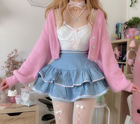 Kawaii Fashion Outfits, Pink Outfits, Really Cute Outfits, Basic Outfits, Cute Skirts, Kawaii Clothes, Harajuku Fashion, Looks Style, Denim Mini