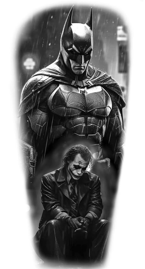 Design Tattoo Black And Grey, Black N Grey Tattoo Design, Dc Comic Tattoo, Black And Grey Tattoo Design Realistic, Joker Art Tattoo, Comics Tattoo Ideas, Realist Tattoos, Batman Tatoos, Batman And Joker Tattoo