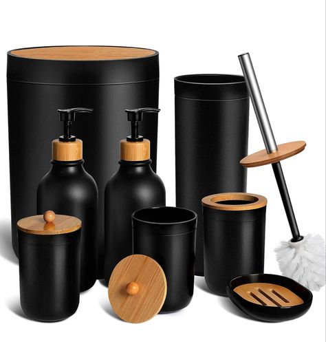 【Complete Black Bathroom Accessories Set(8 PCS) 】Keeps the bathroom both organized and adds an elegant high-end touch to it. It’s a stylish bathroom accessory set you can get! Set includes 2 pack black bathroom soap dispenser set, toothbrush holder, qtip and cotton ball holder, soap dish, toilet brush & holder, trash can. Using this COMPLETE black bathroom accessories sets complete, you need no others anymore! Household Must Haves, Black Gold Kitchen, Black Bathroom Sets, Matte Black Bathroom Accessories, Black Bathroom Accessories Set, Bathroom Vibes, Cotton Ball Holder, Bathtub Ideas, Soap Dispenser Set